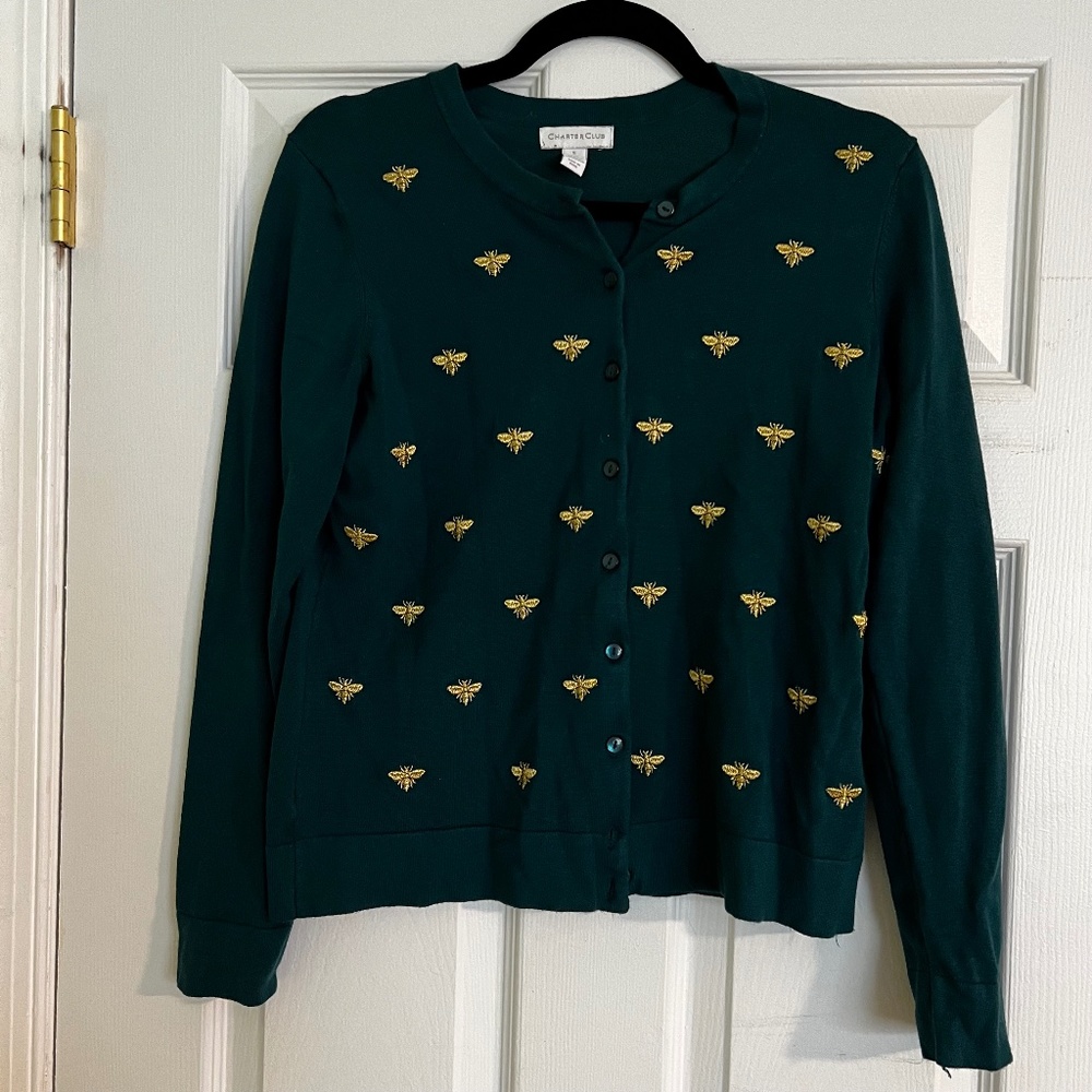 Teal Small Charter Club Knit Cardigan with Bees